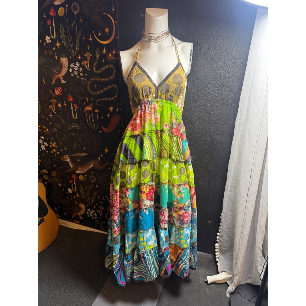 Boho Patchwork Floral Tiered Maxi Dress Halter Neck Multi-Color Summer Festival
